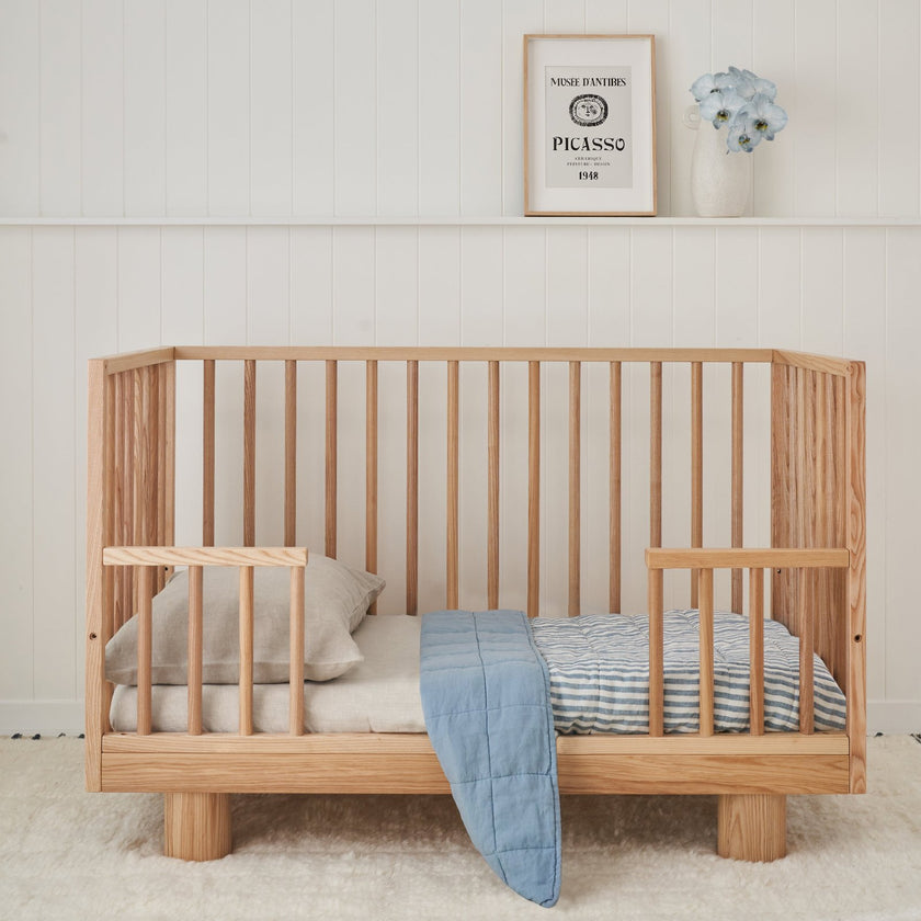 French Flax Linen Cot Quilt/Play Mat in Marine Blue/Marine Blue Stripe