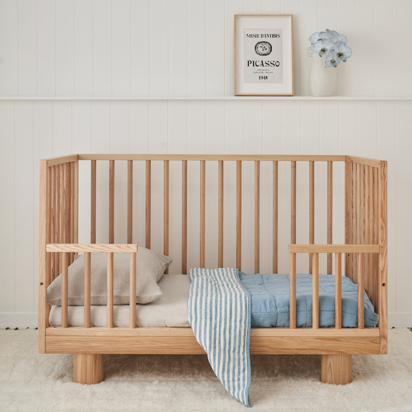 French Flax Linen Cot Quilt/Play Mat in Marine Blue/Marine Blue Stripe