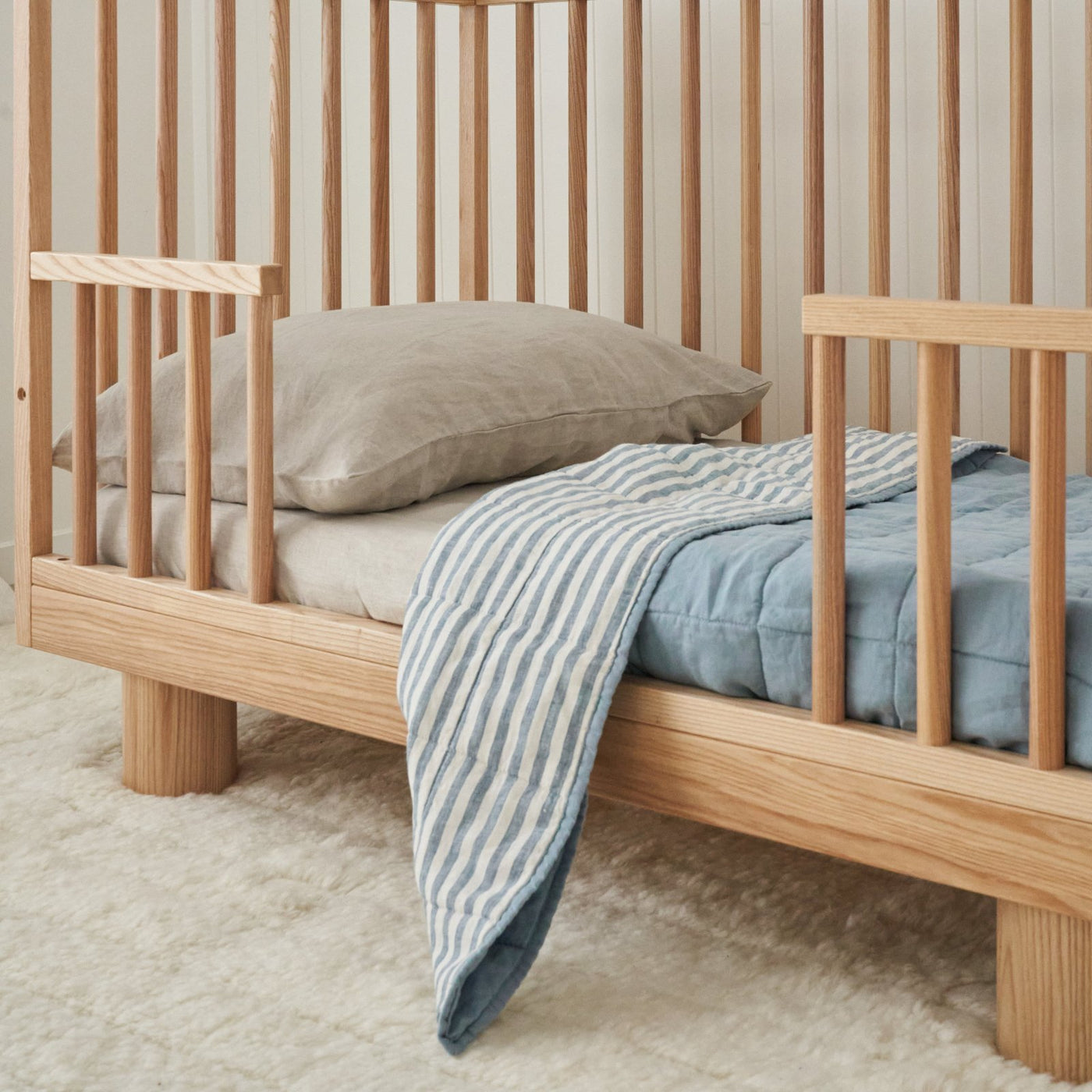 French Flax Linen Cot Quilt/Play Mat in Marine Blue/Marine Blue Stripe