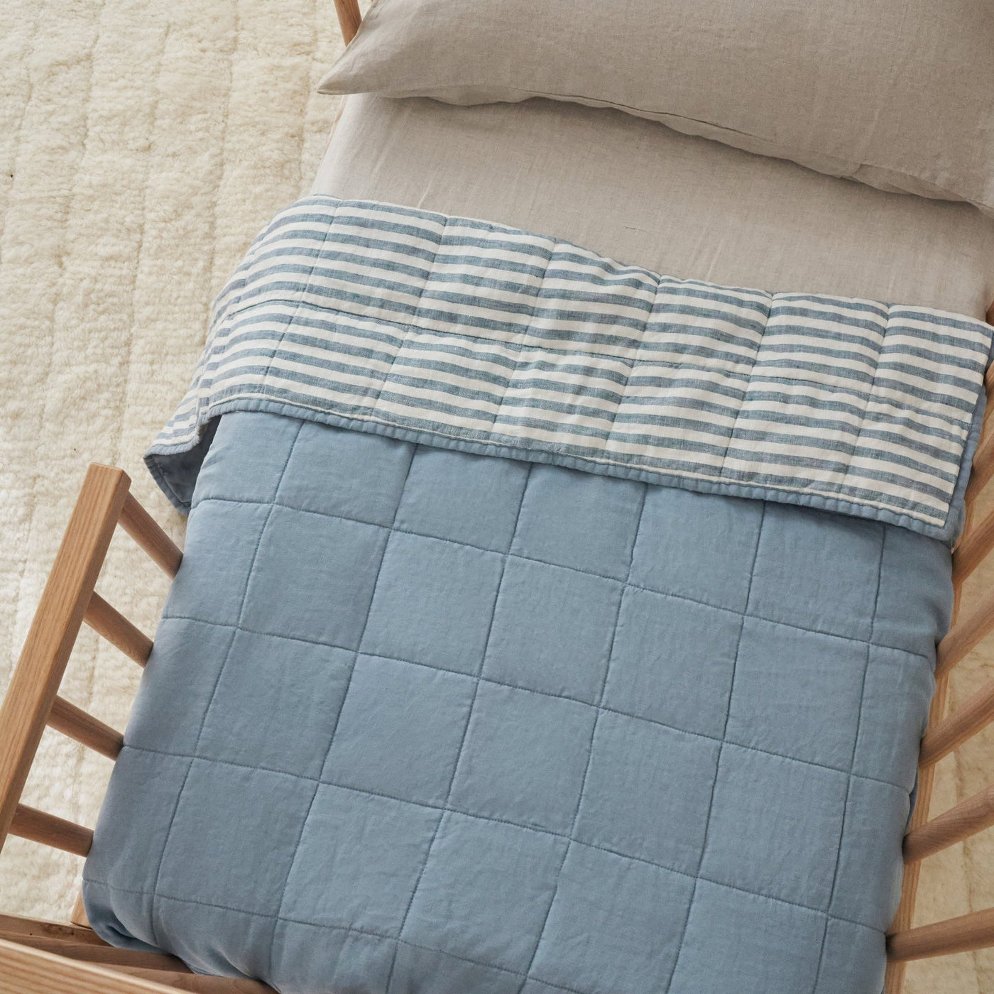 French Flax Linen Cot Quilt/Play Mat in Marine Blue/Marine Blue Stripe