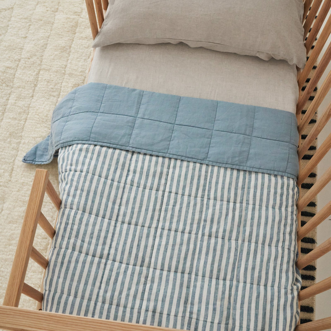 French Flax Linen Cot Quilt/Play Mat in Marine Blue/Marine Blue Stripe