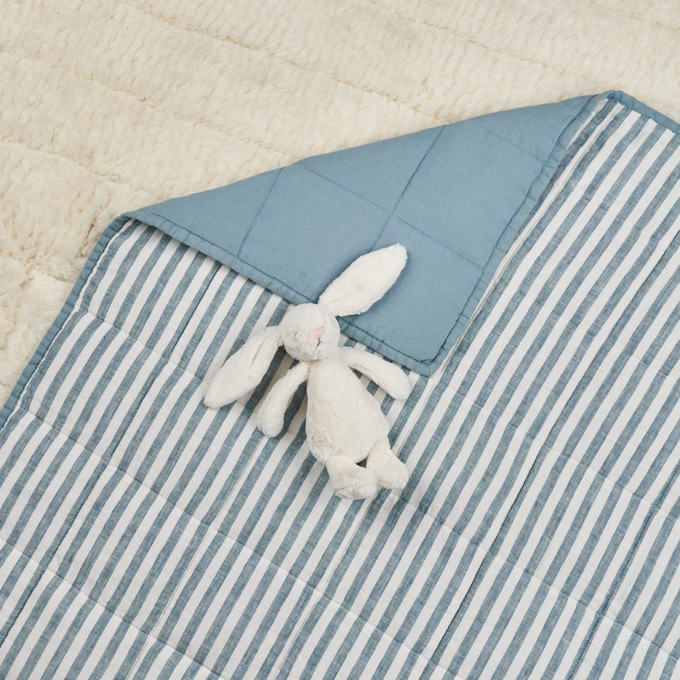 French Flax Linen Cot Quilt/Play Mat in Marine Blue/Marine Blue Stripe