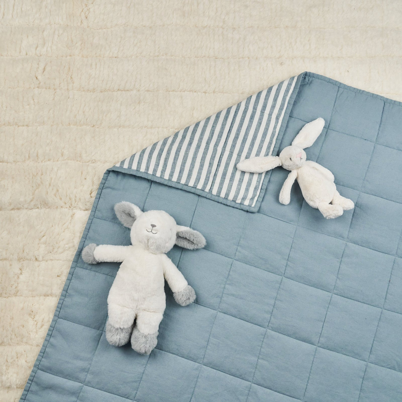 French Flax Linen Cot Quilt/Play Mat in Marine Blue/Marine Blue Stripe