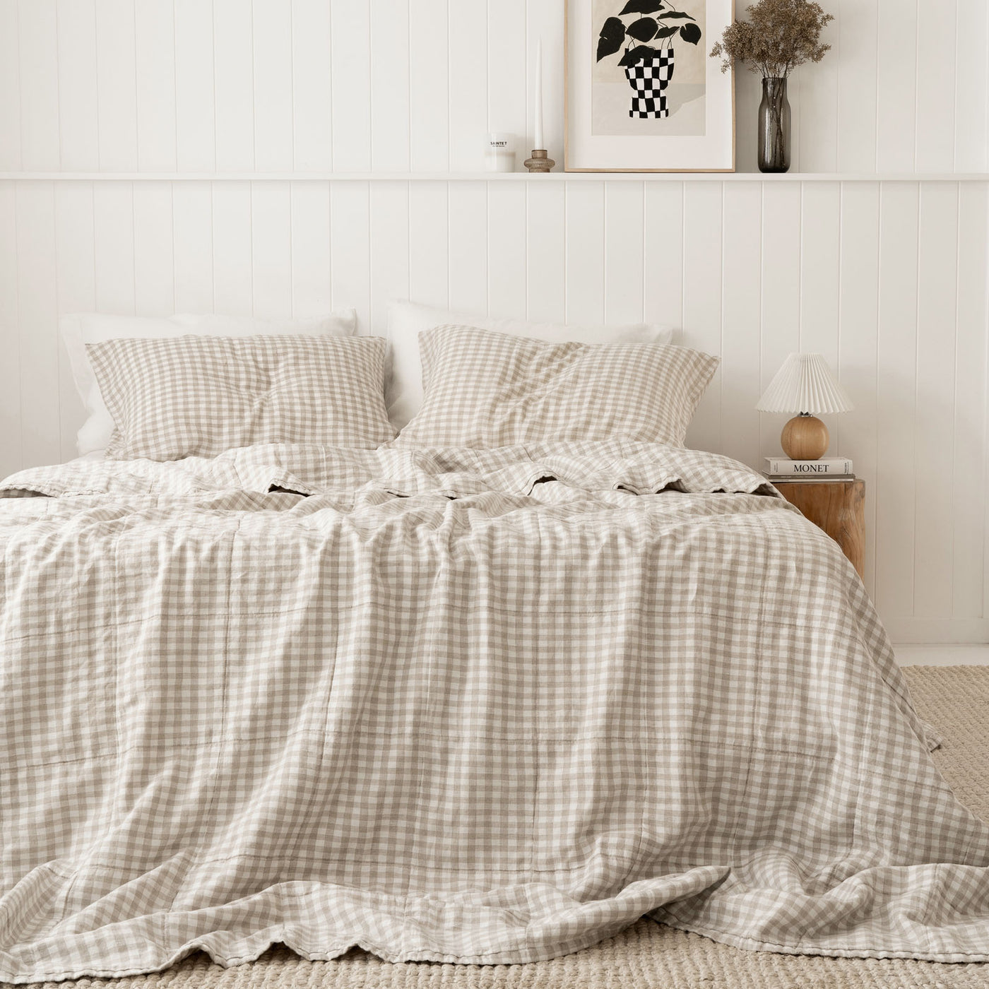 French Flax Linen Queen/King Quilted Coverlet in Beige Gingham