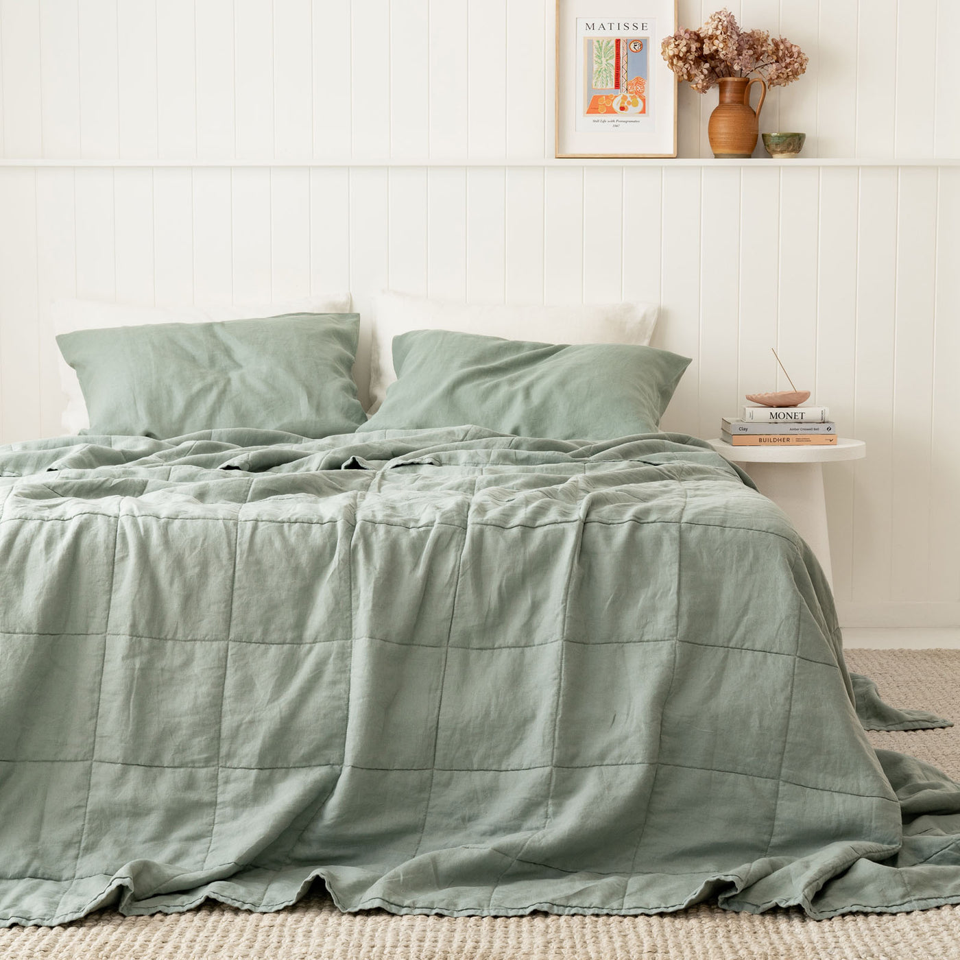 French Flax Linen Queen/King Quilted Coverlet in Sage