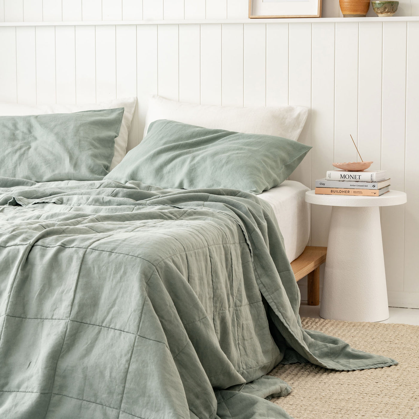 French Flax Linen Queen/King Quilted Coverlet in Sage