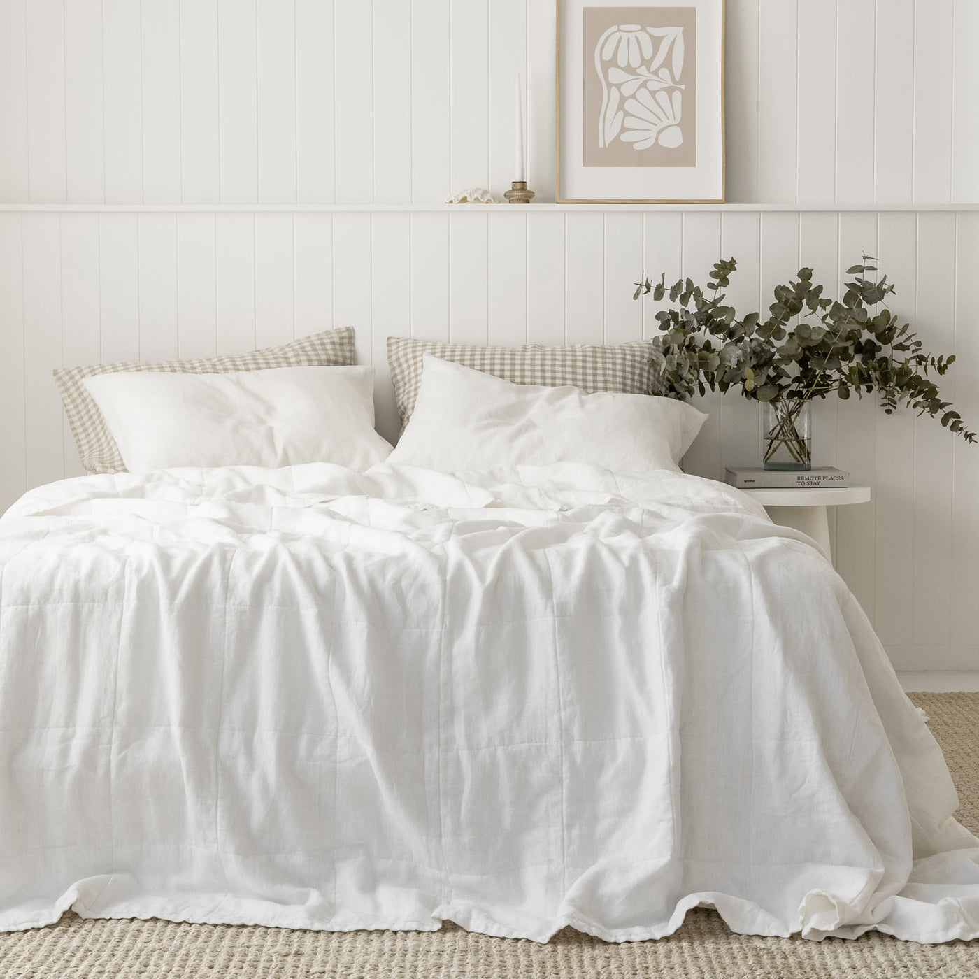 French Flax Linen Queen/King Quilted Coverlet in White