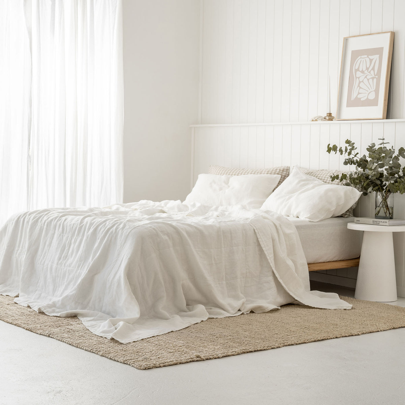French Flax Linen Queen/King Quilted Coverlet in White