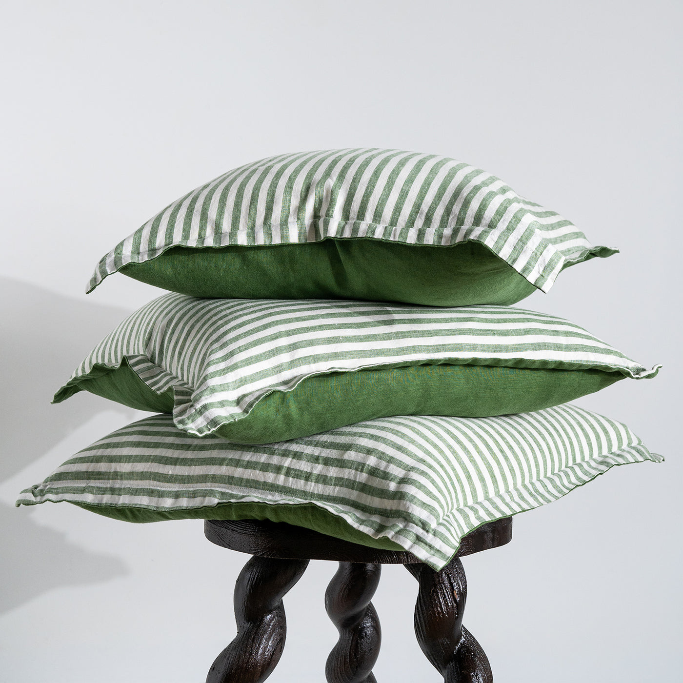French Flax Linen Double Sided Cushion Cover in Ivy/Ivy Stripe