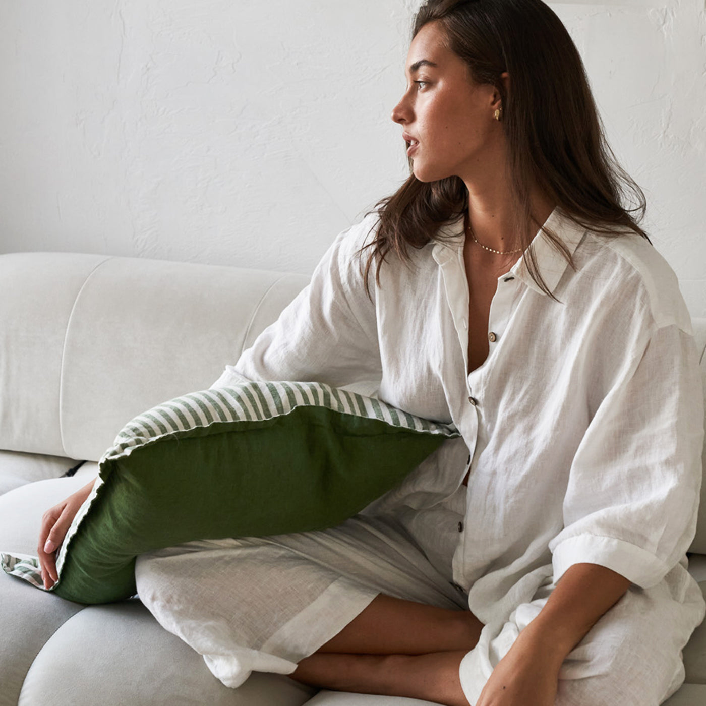 French Flax Linen Double Sided Cushion Cover in Ivy/Ivy Stripe