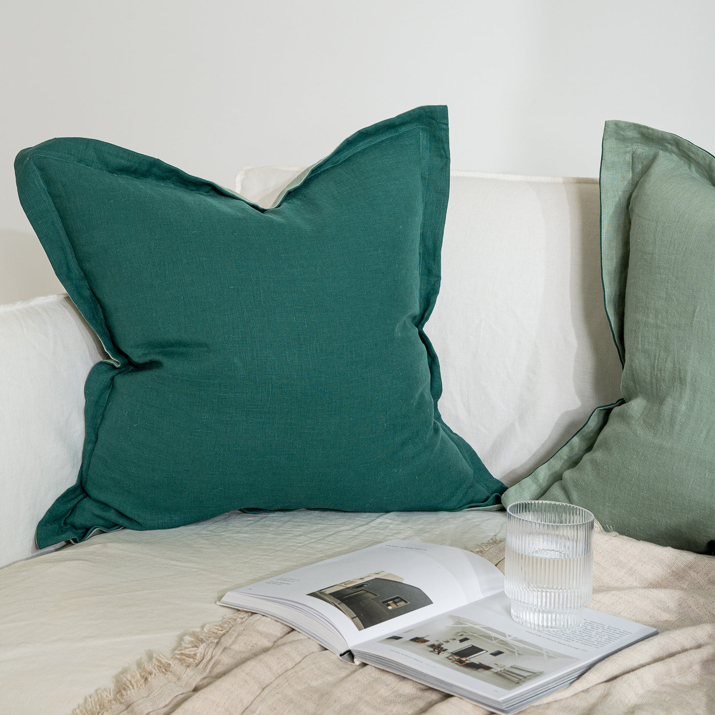 French Flax Linen Double Sided Cushion Cover in Sage/Jade