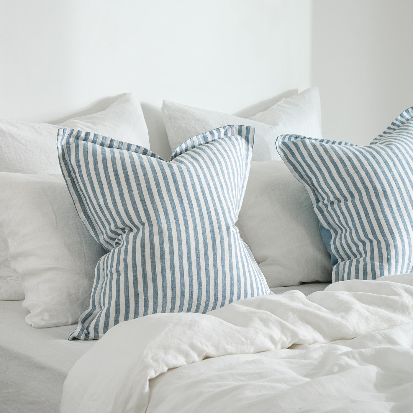 French Flax Linen Double Sided Cushion Cover in Marine Blue/Marine Blue Stripe