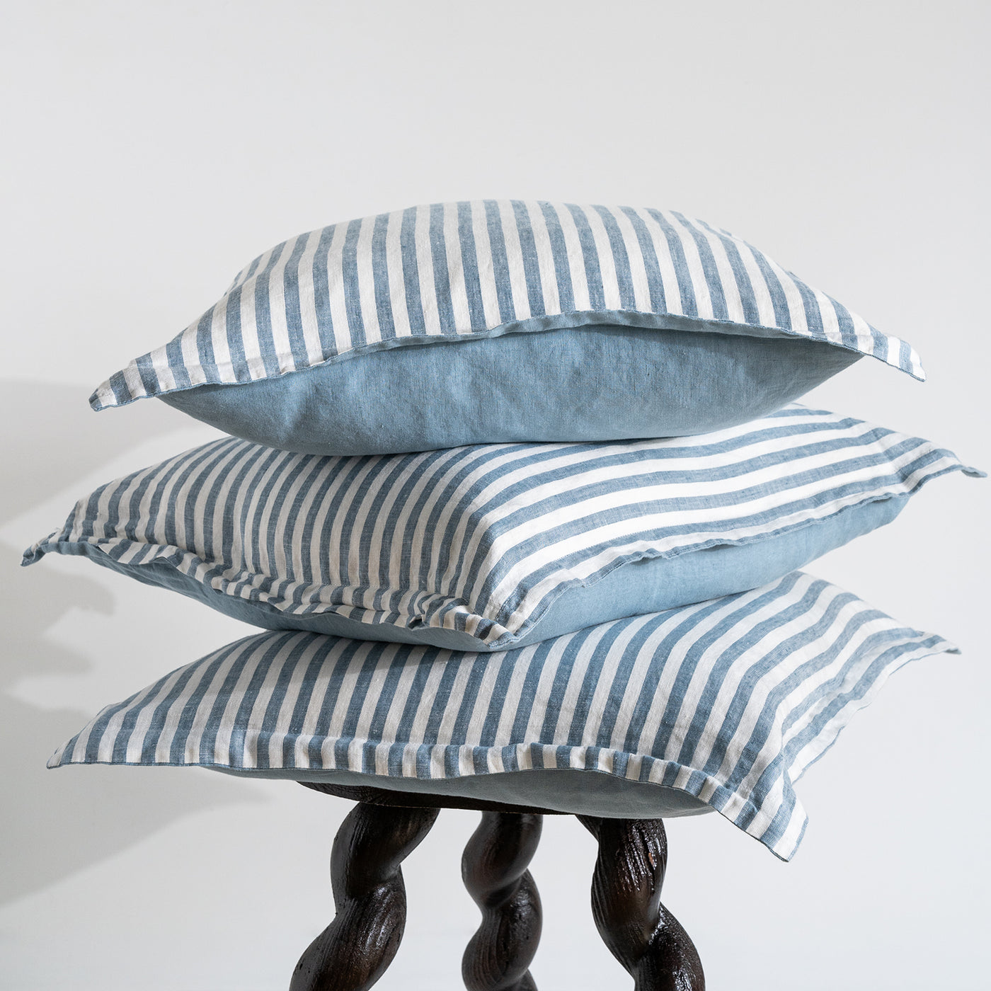 French Flax Linen Double Sided Cushion Cover in Marine Blue/Marine Blue Stripe