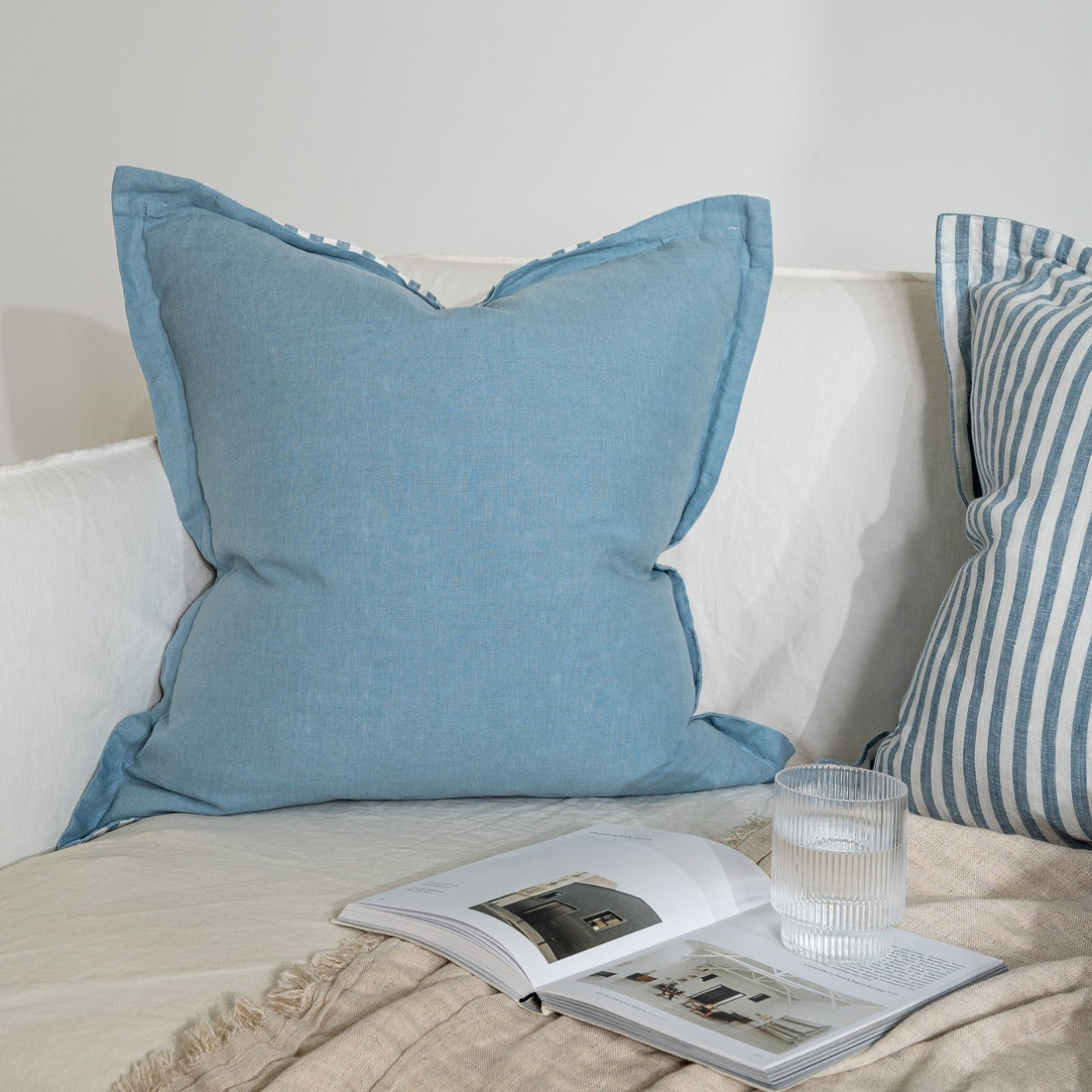 French Flax Linen Double Sided Cushion Cover in Marine Blue/Marine Blue Stripe