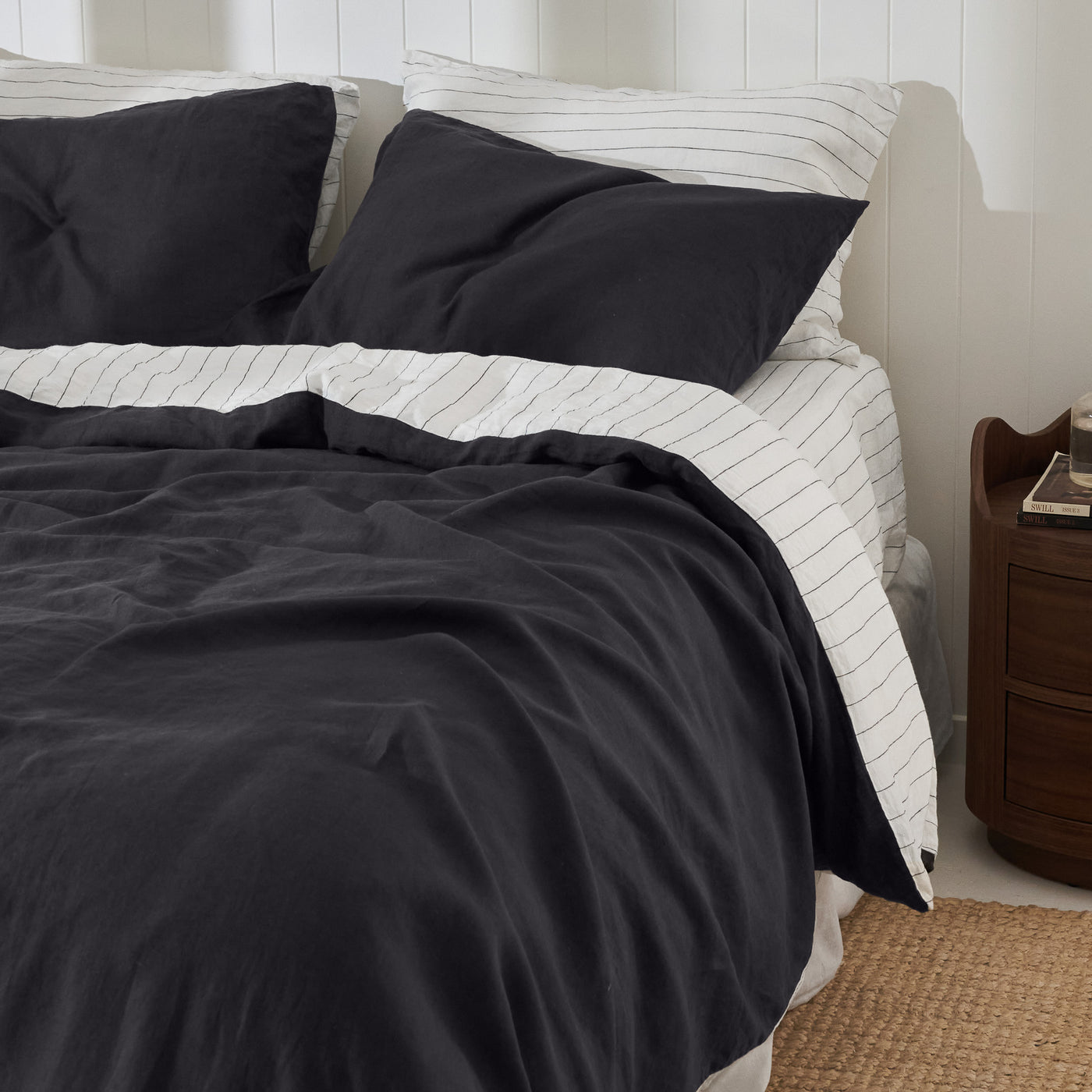 French Flax Linen Double Sided Quilt Cover SET in Charcoal/Charcoal Stripe