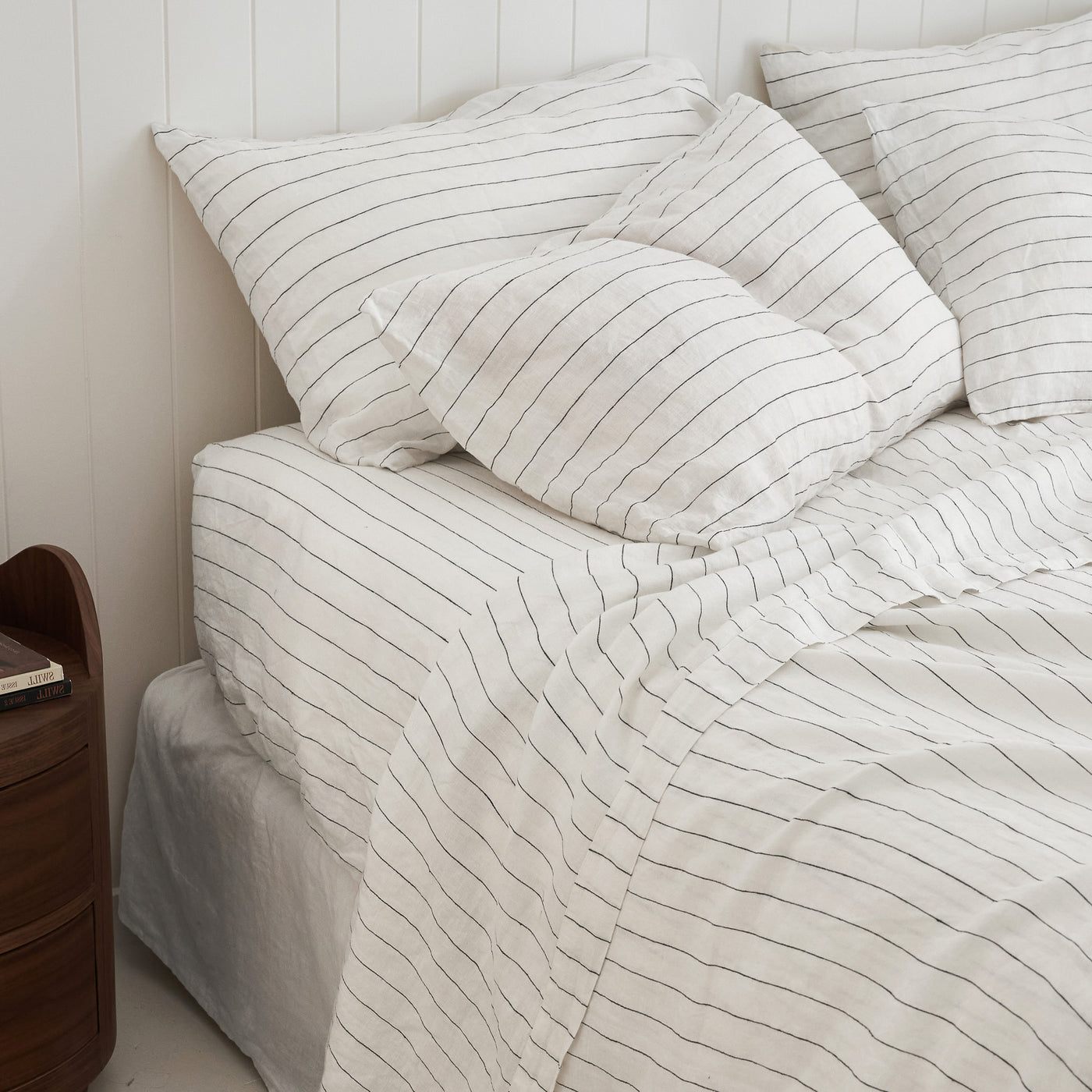 French Flax Linen Fitted Sheet in Charcoal Stripe