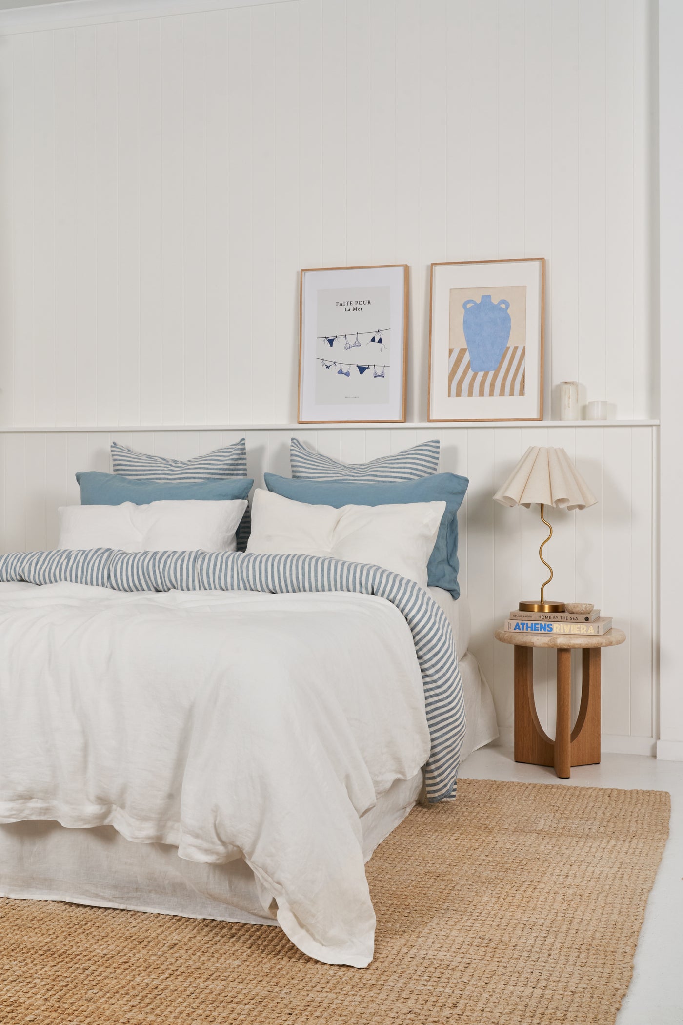 French Flax Linen Sheet Set in Marine Blue Stripe