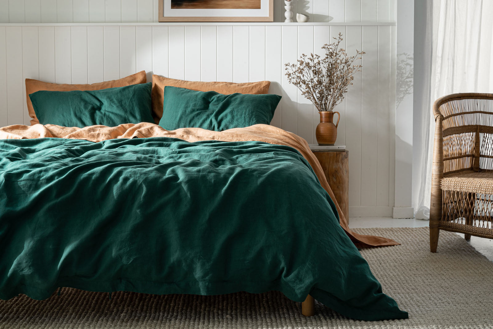 Linen Bedding and Linen Pillow Cases in Jade and Sandalwood
