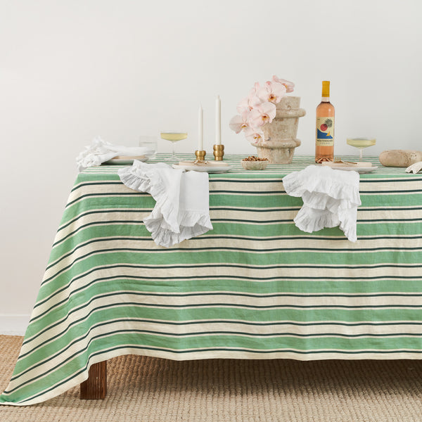 French Flax Linen Table Cloth in Green Stripe