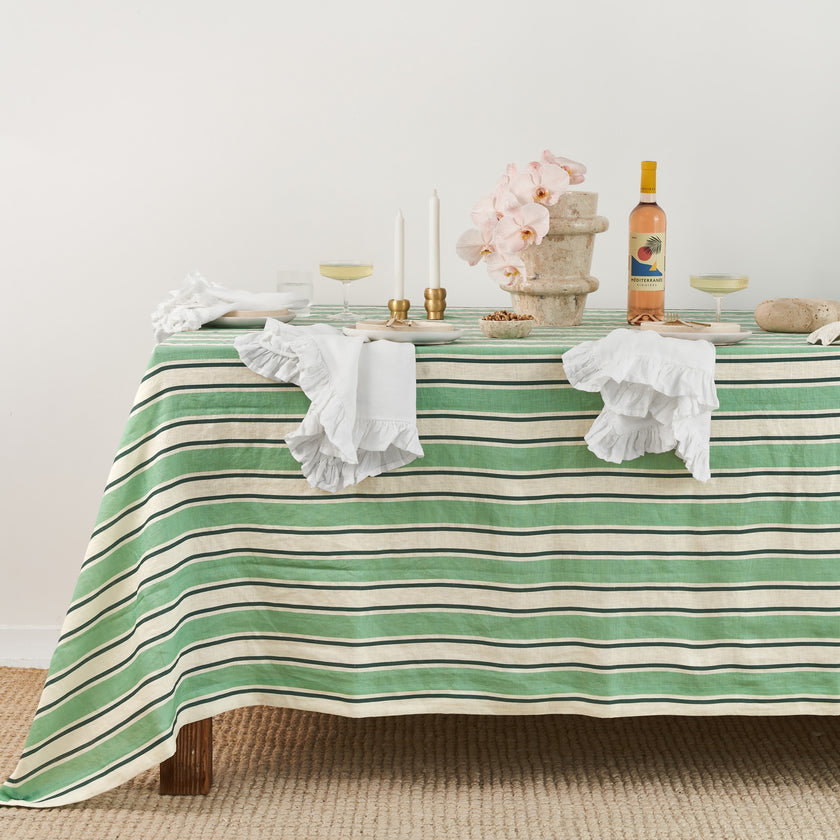 French Flax Linen Table Cloth in Green Stripe