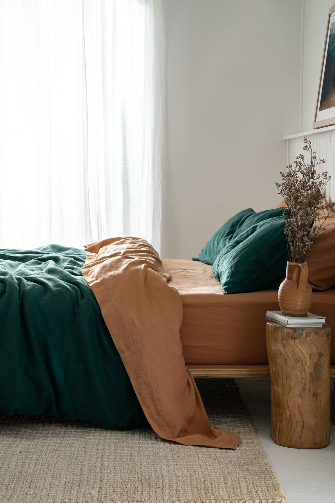 Linen Bedding and Linen Pillow Cases in Jade and Sandalwood