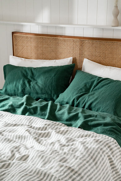 Linen Bedding in Jade and Sage Stripe