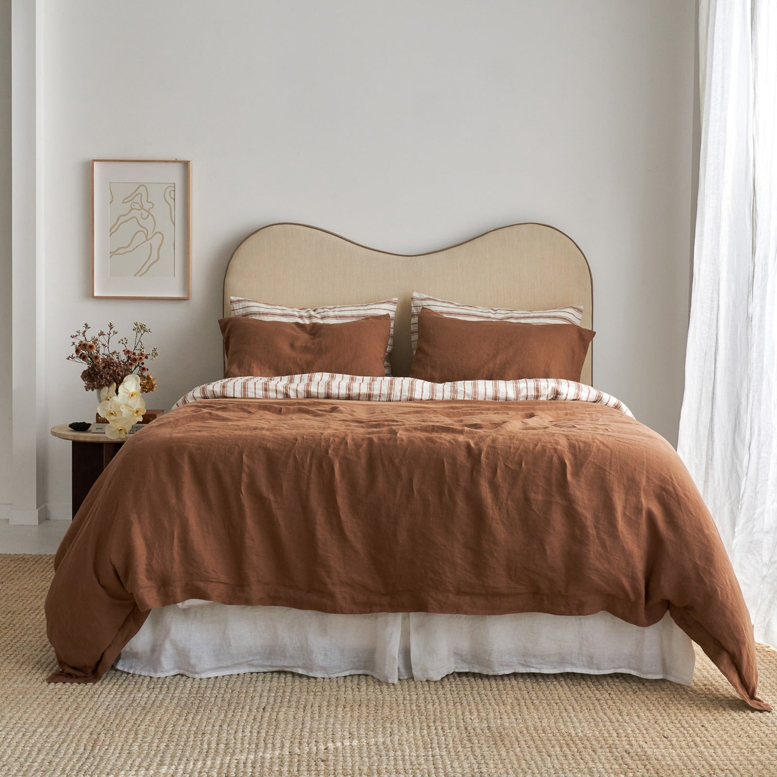 French Flax Linen Double Sided Quilt Cover in Hazelnut/Hazelnut Stripe