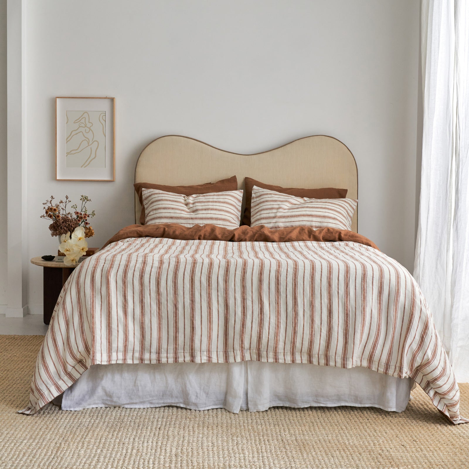 French Flax Linen Double Sided Quilt Cover in Hazelnut/Hazelnut Stripe