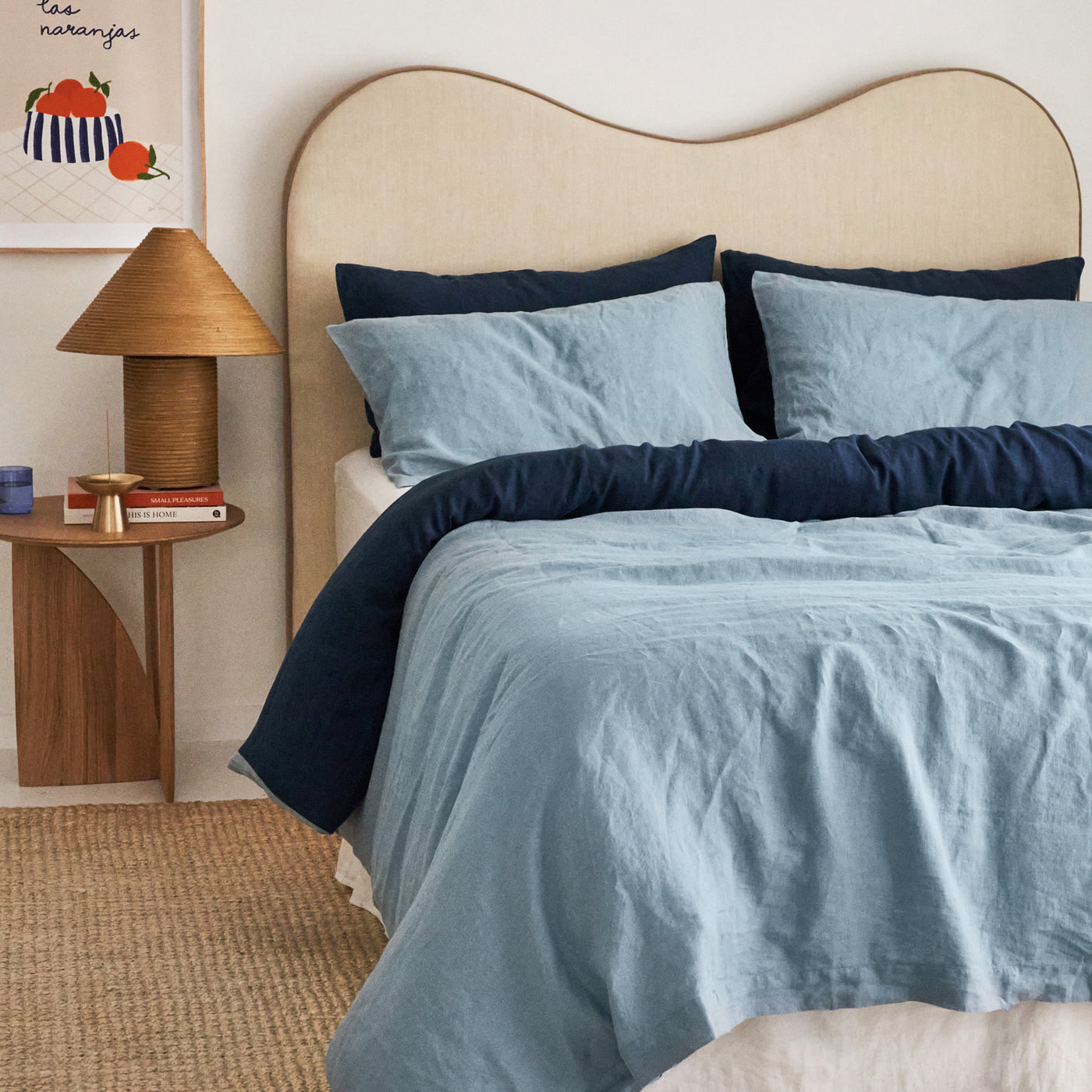 French Flax Linen Double Sided Quilt Cover Set in Indigo/Marine Blue