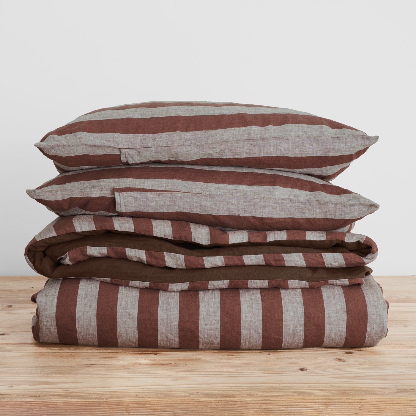 French Flax Linen Double Sided Quilt Cover Set in Chocolate/Chocolate Stripe