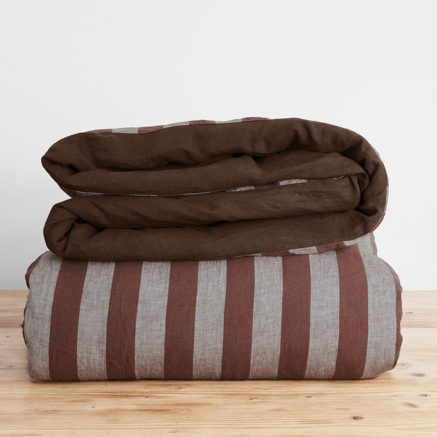 French Flax Linen Double Sided Quilt Cover in Chocolate/Chocolate Stripe