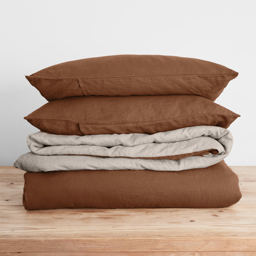 French Flax Linen Double Sided Quilt Cover Set in Hazelnut/Natural
