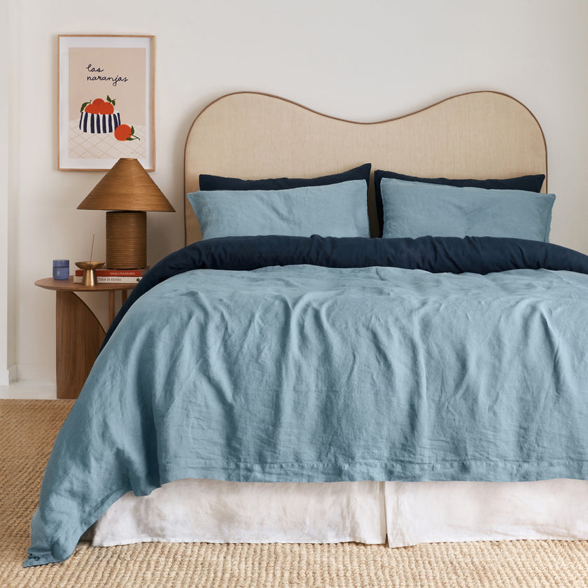 French Flax Linen Double Sided Quilt Cover Set in Indigo/Marine Blue