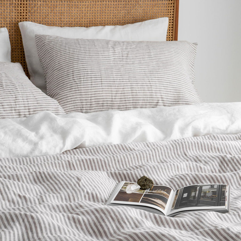French Flax Linen Pillowcase Set in Grey Stripe