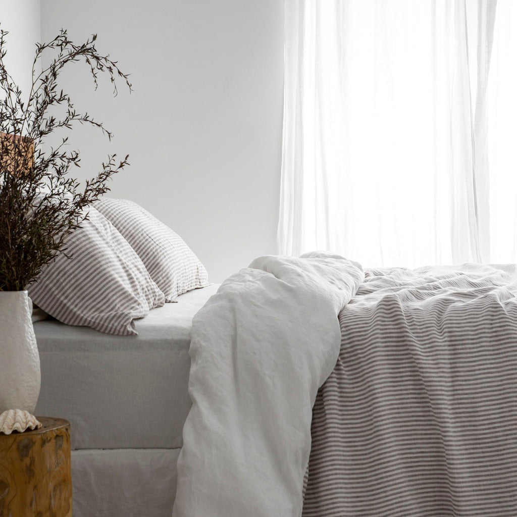 French Flax Linen Fitted Sheet in Grey Stripe