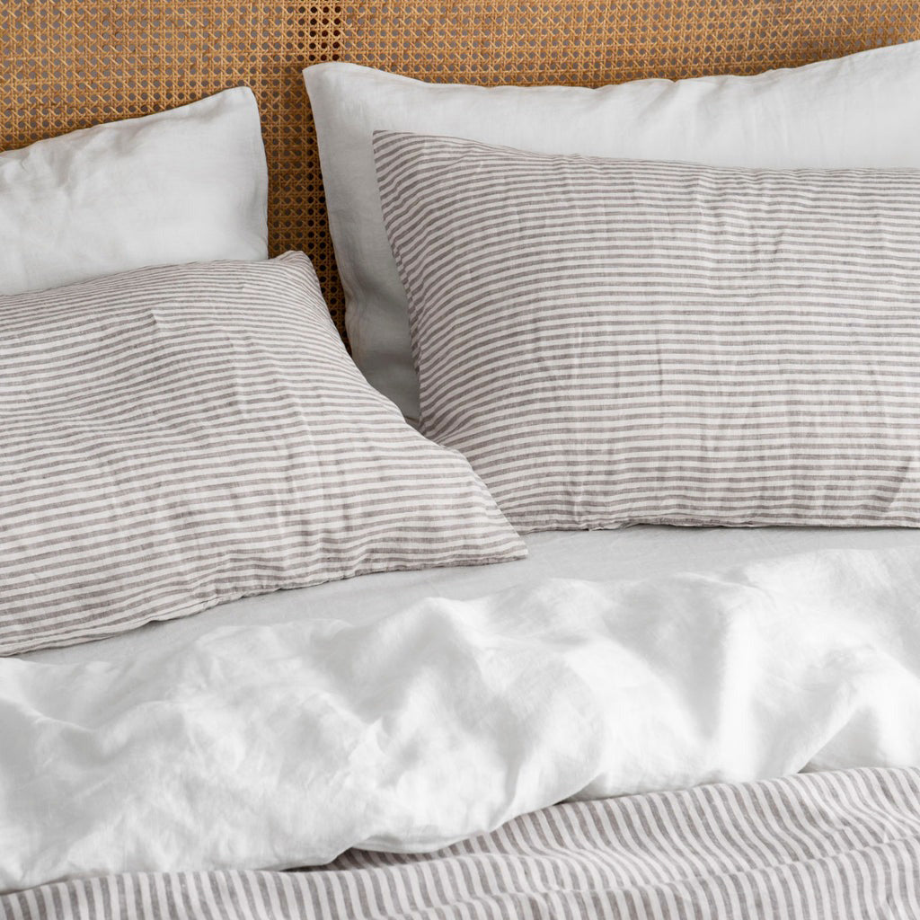 French Flax Linen Pillowcase Set in Grey Stripe