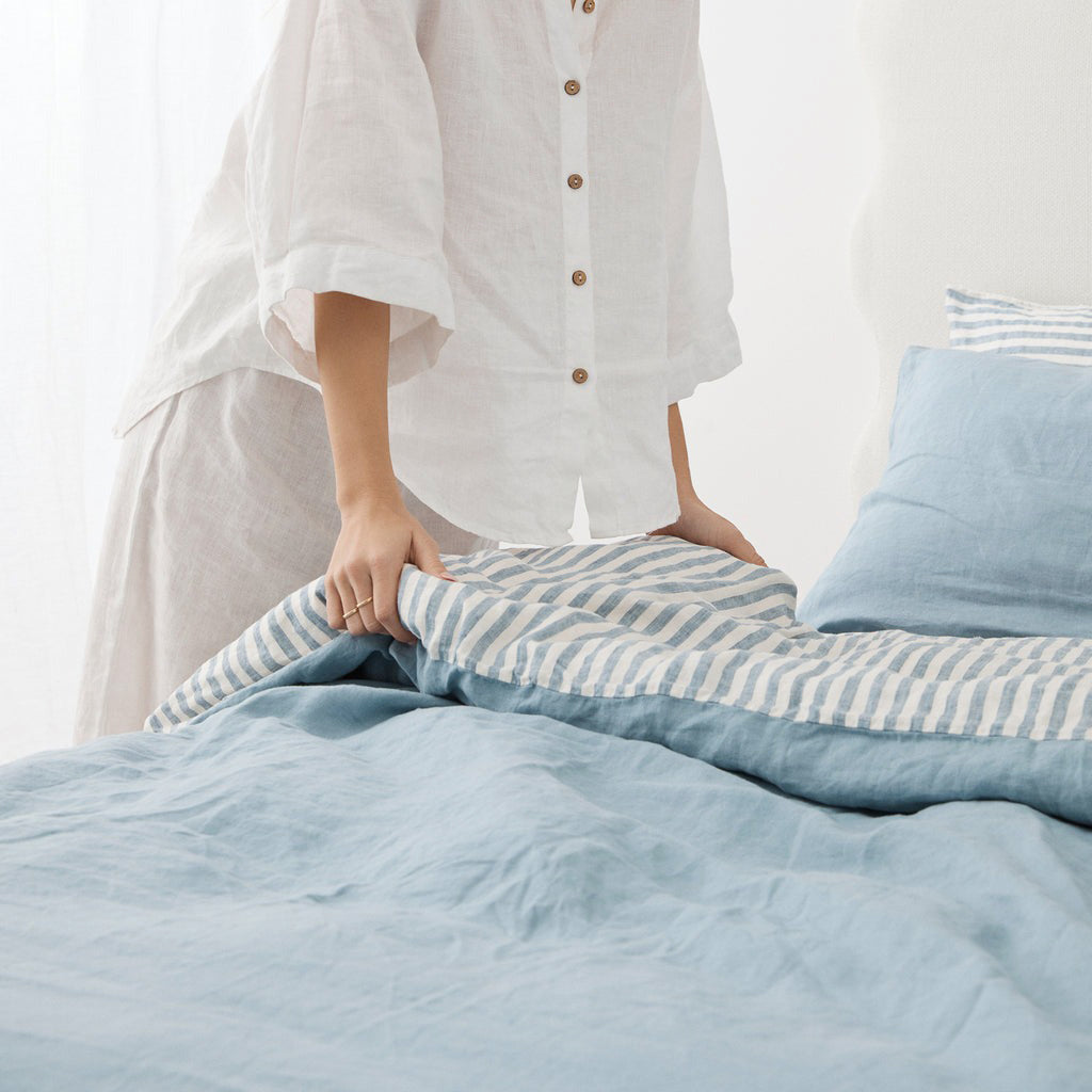 French Flax Linen Double Sided Quilt Cover in Marine Blue/Marine Blue Stripe