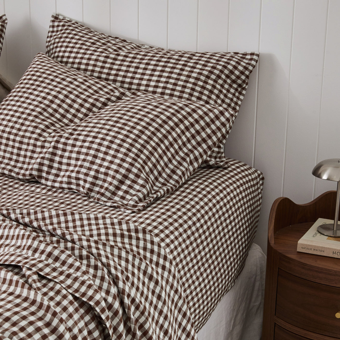 French Flax Linen Fitted Sheet in Chocolate Gingham