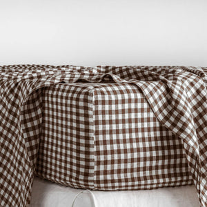 French Flax Linen Fitted Sheet in Chocolate Gingham