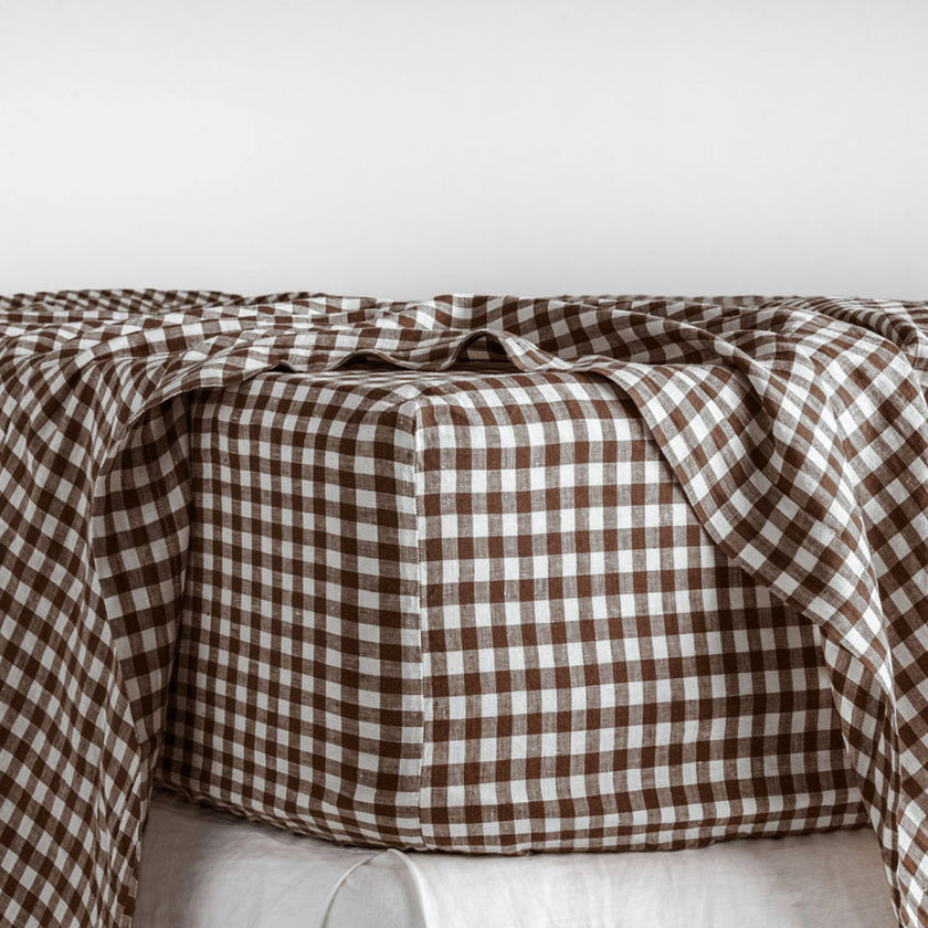 French Flax Linen Fitted Sheet in Chocolate Gingham