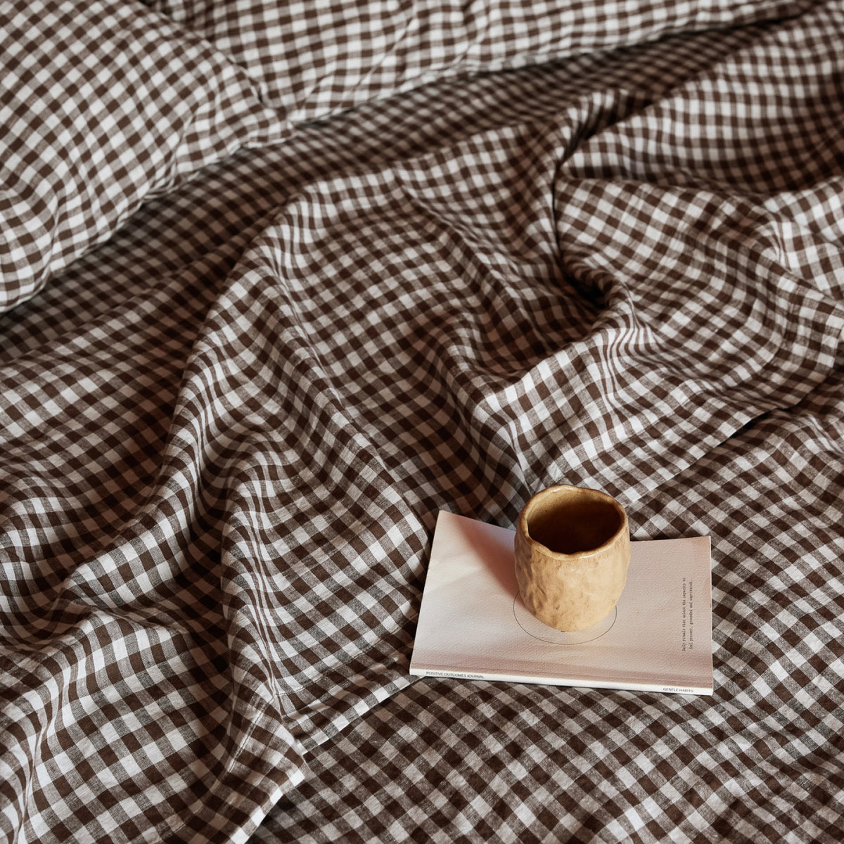 French Flax Linen Flat Sheet in Chocolate Gingham