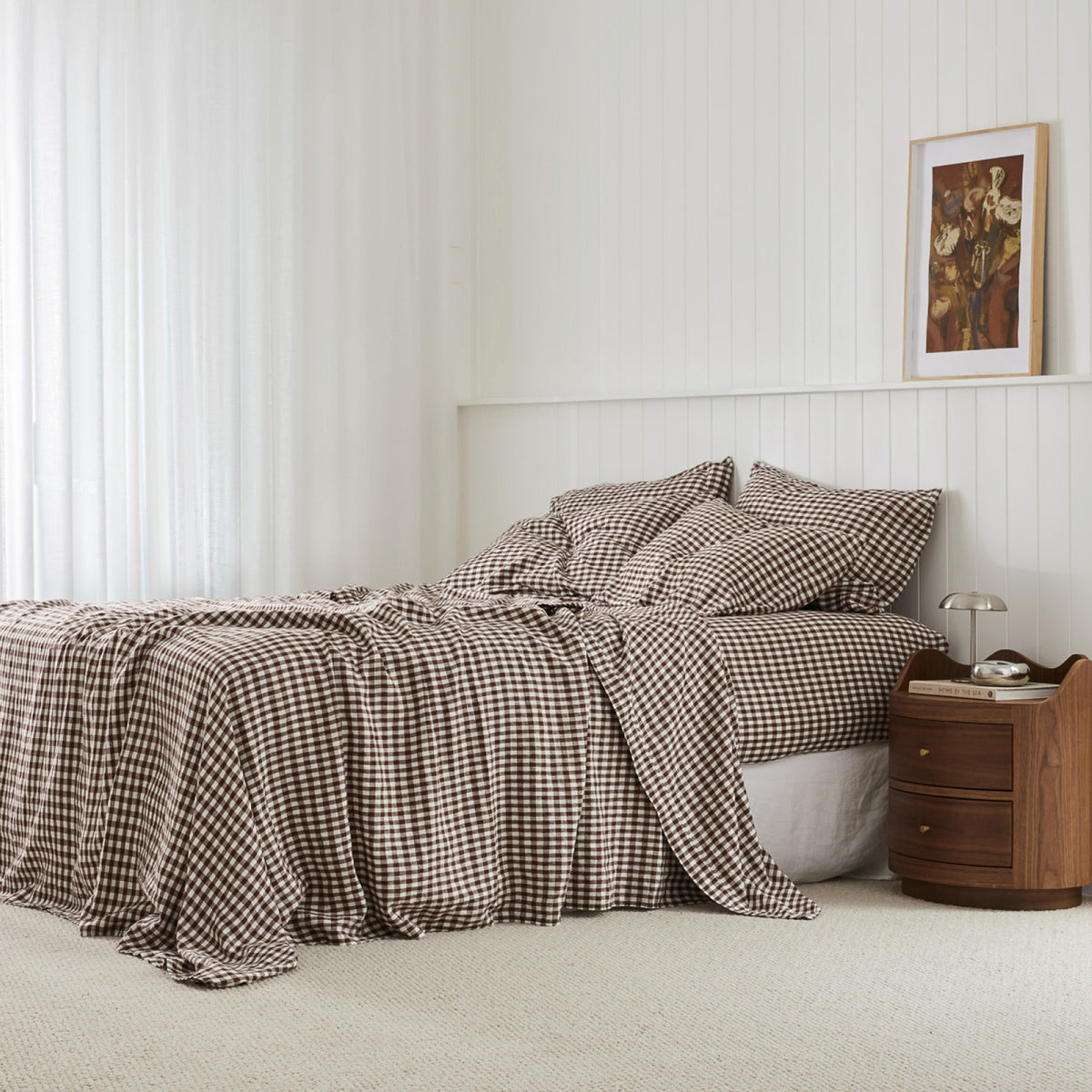 French Flax Linen Flat Sheet in Chocolate Gingham
