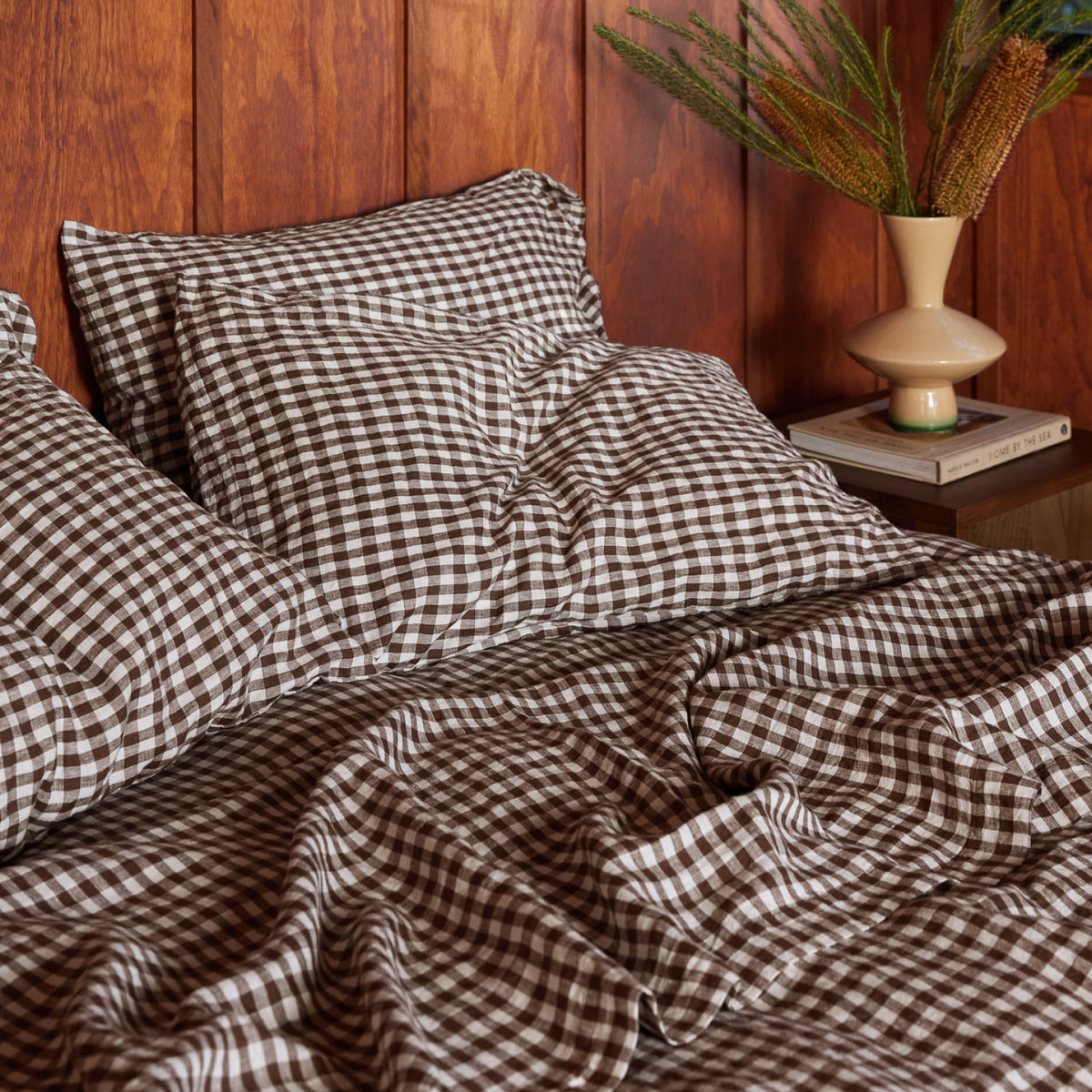 French Flax Linen Flat Sheet in Chocolate Gingham