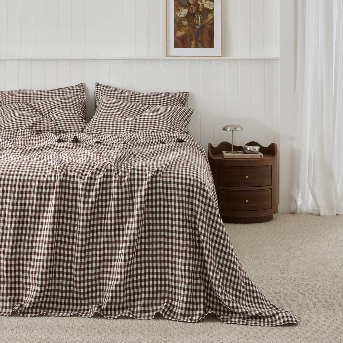 French Flax Linen Flat Sheet in Chocolate Gingham