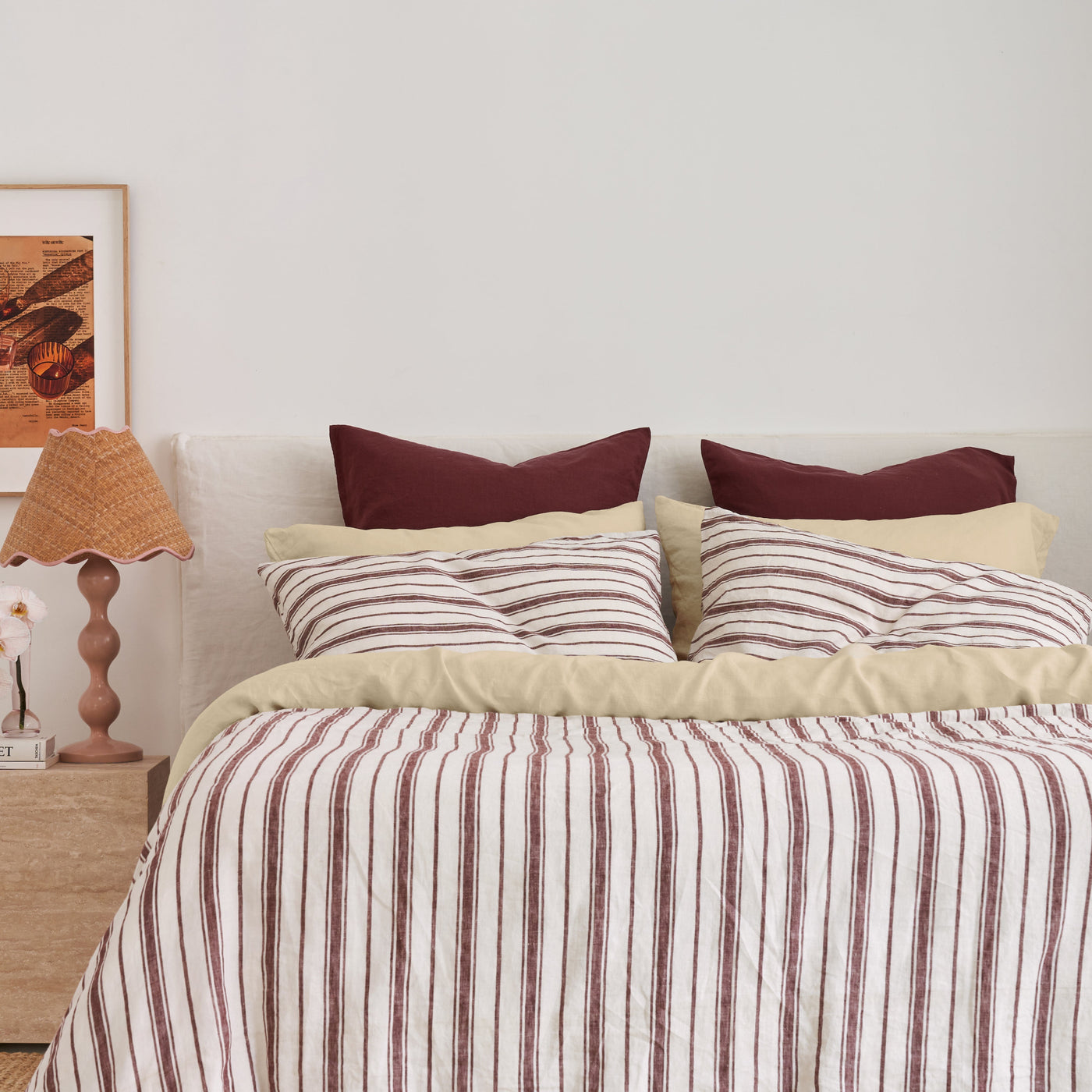 French Flax Linen Double Sided Quilt Cover Set in Cherrywood/Cherrywood Stripe