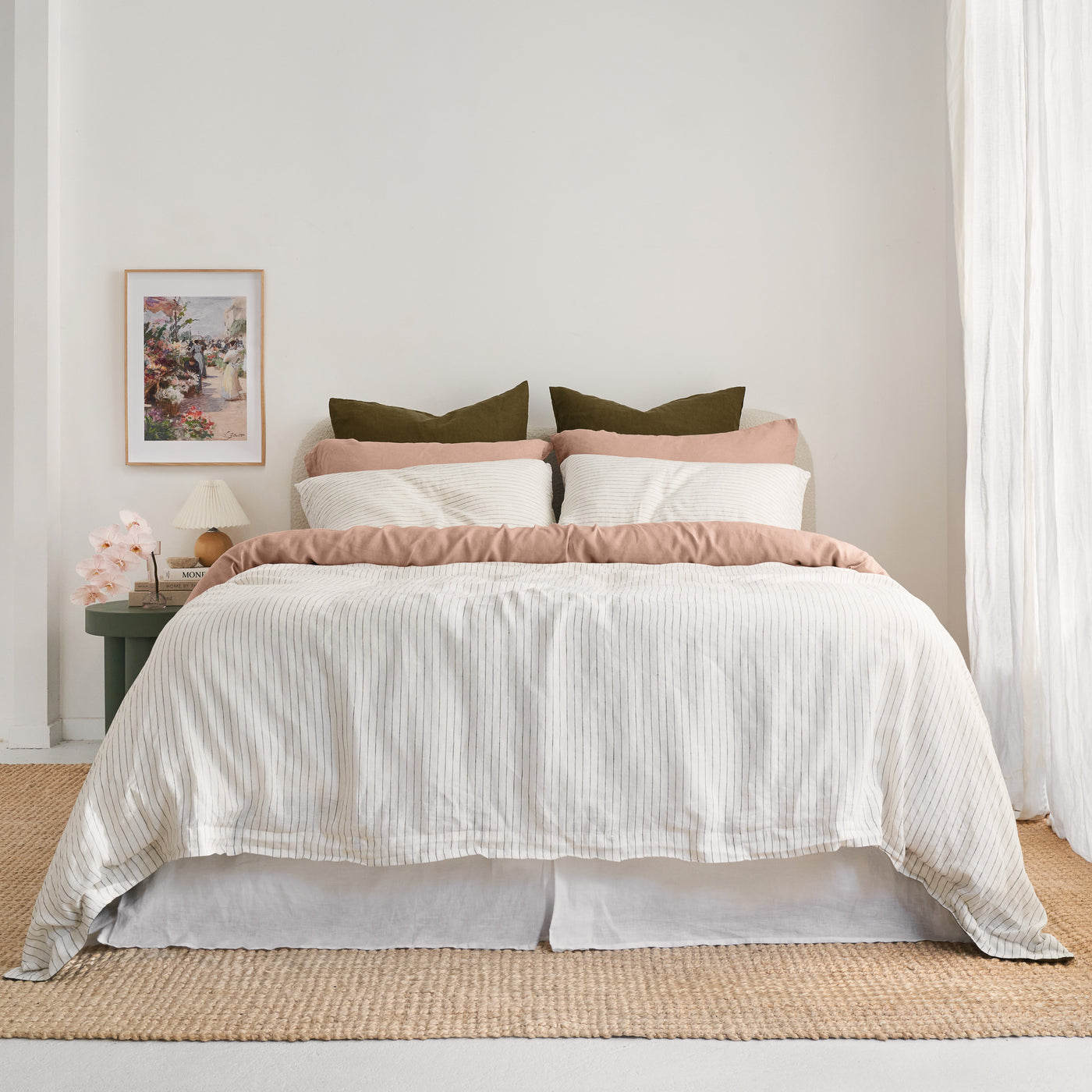 French Flax Linen Double Sided Quilt Cover Set in Olive/Olive Stripe