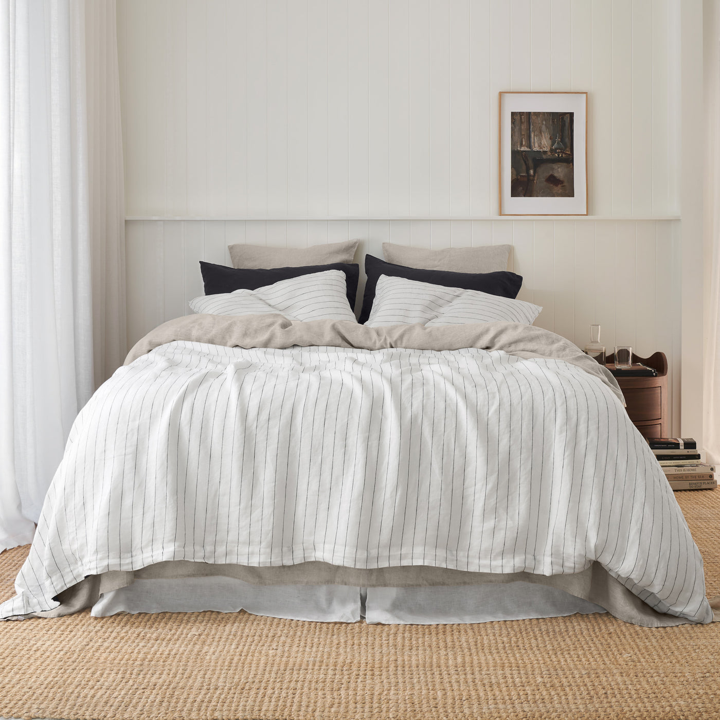 French Flax Linen Double Sided Quilt Cover SET in Charcoal/Charcoal Stripe