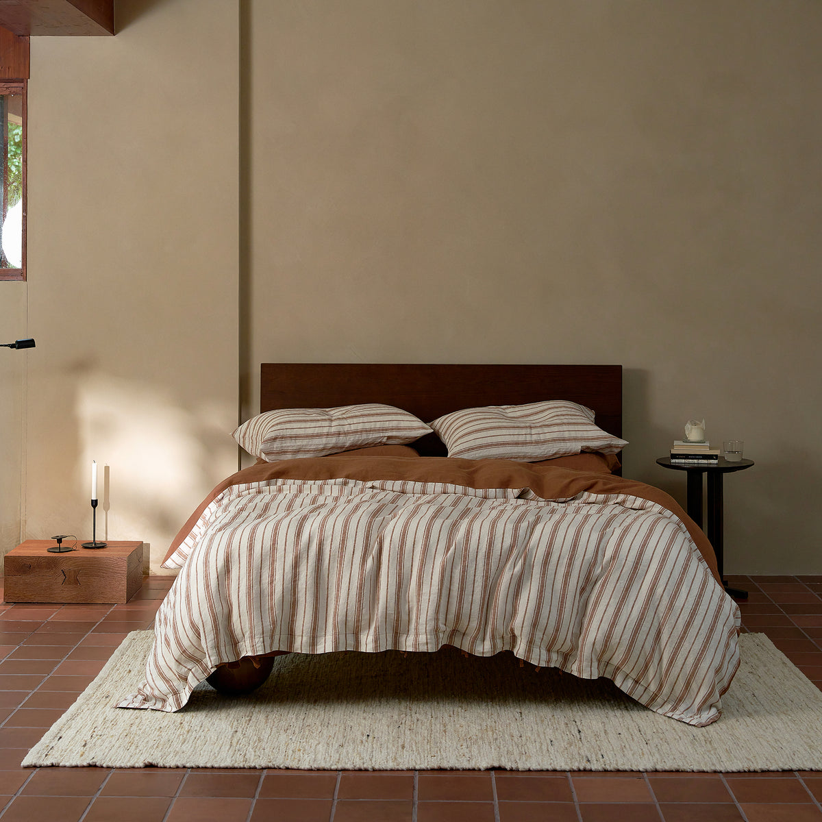 French Flax Linen Reversible Quilt Cover in Hazelnut/Hazelnut Stripe