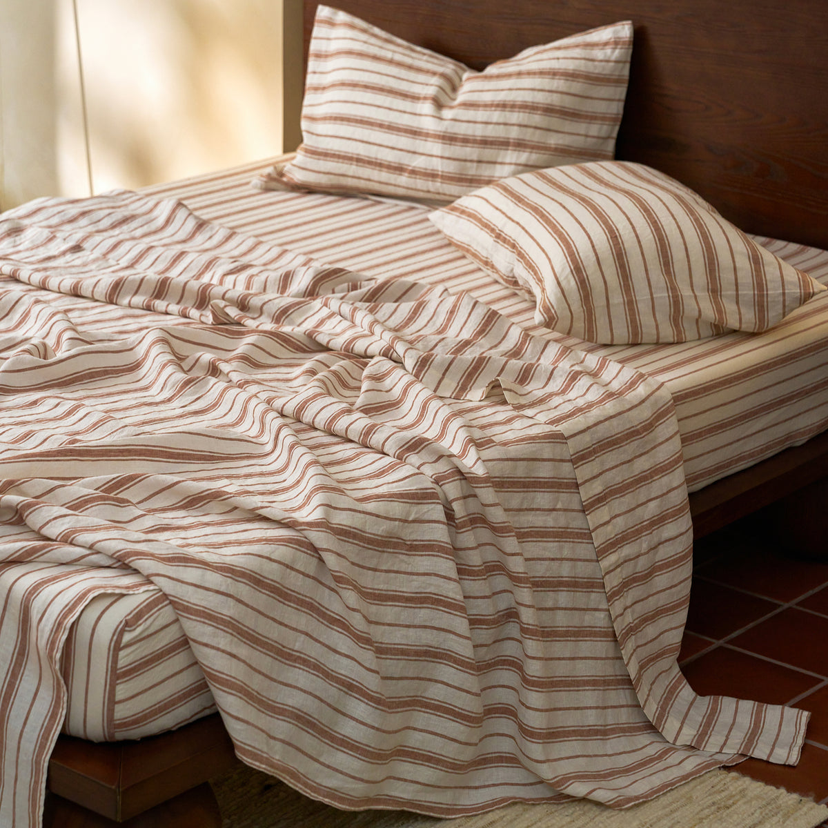 French Flax Linen Flat Sheet in Hazelnut Stripe