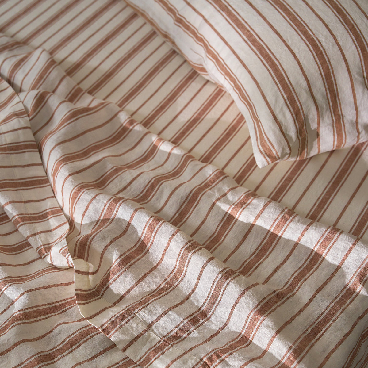 French Flax Linen Fitted Sheet in Hazelnut Stripe